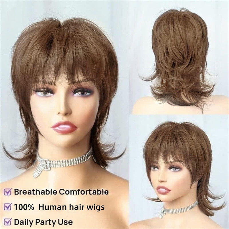Full Machine Pixie Cut Wigs Human Hair Short Shaggy Layered Wig With Bangs