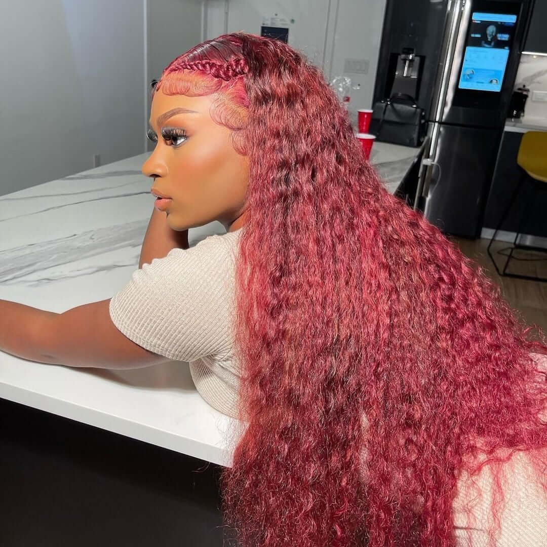 13x4 Frontal / 4x4 Lace Closure Wig Burgundy Light #99J Color Deep Wave Lace Wig