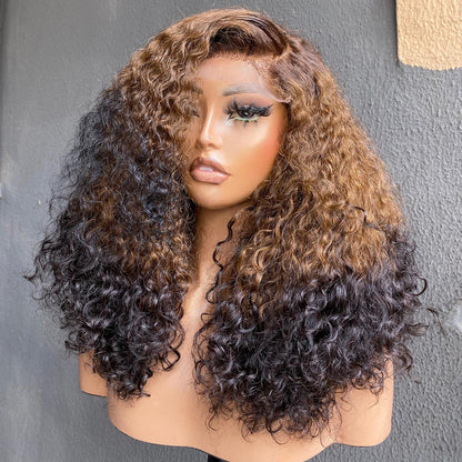 22inch 250% Density Human Hair 13x4 lace wig curly hair Ombre color