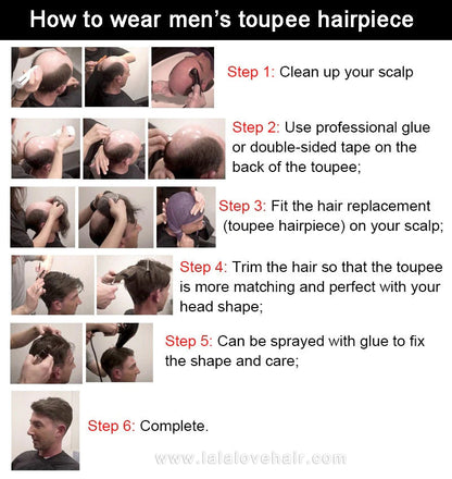 8*10" BOND #1B White Hair Men Toupee Human Hair Mix Grey Hair Replacement System Hair Salon