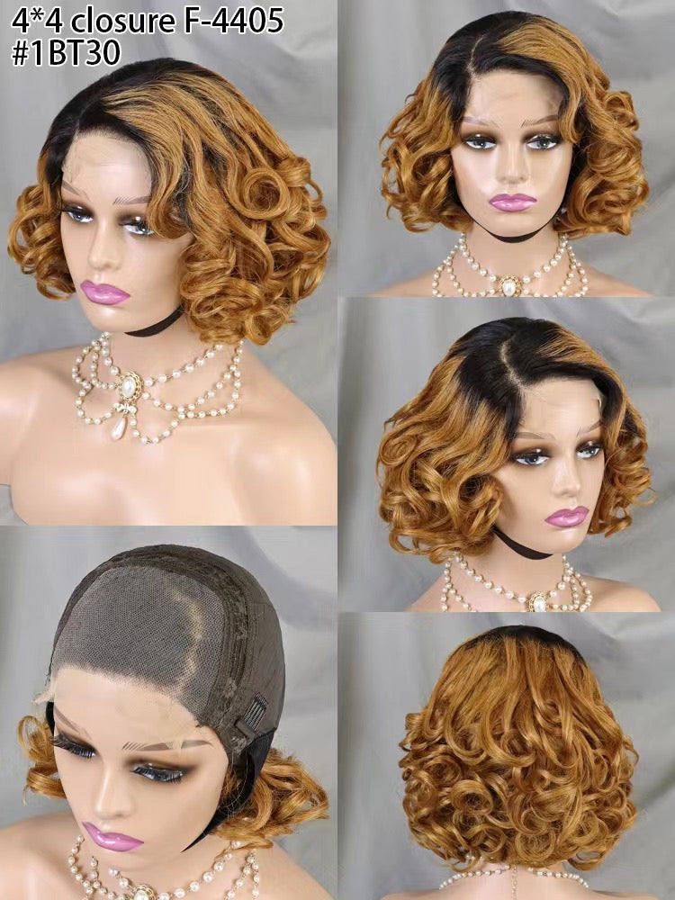 Wig Short Bob 4x4 Human Hair Wig Bouncy Wave Natural Closure Wig for Women 12inch 200% Density