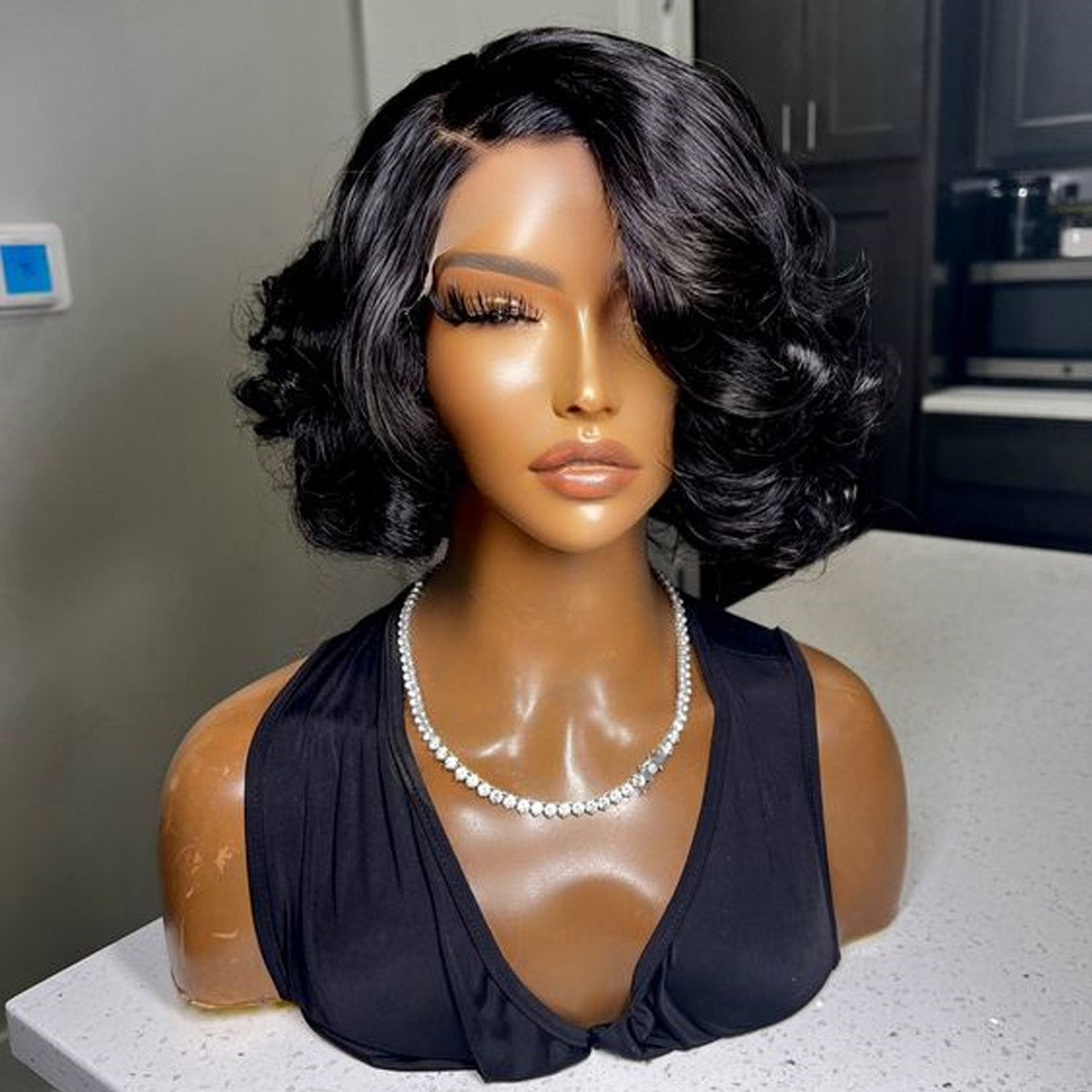 Wig Short Bob 4x4 Human Hair Wig Bouncy Wave Natural Closure Wig for Women 12inch 200% Density