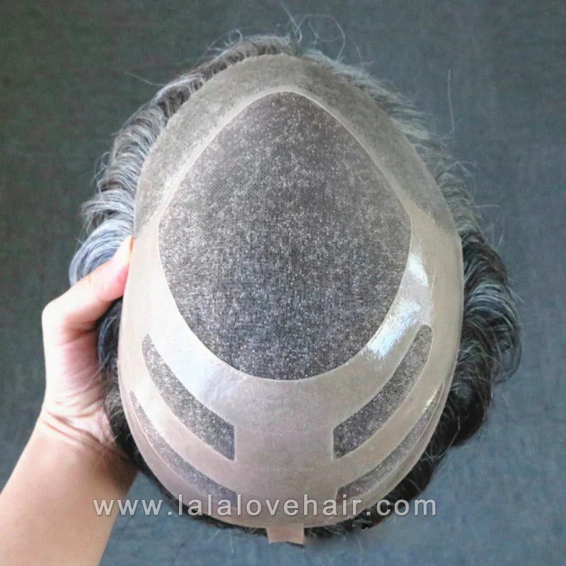 8*10" BOND #1B White Hair Men Toupee Human Hair Mix Grey Hair Replacement System Hair Salon