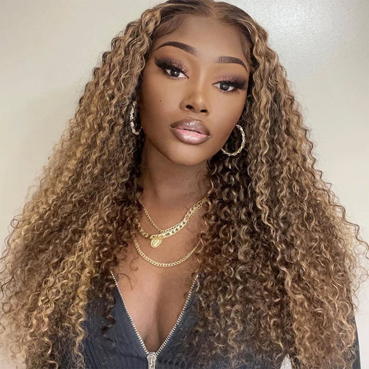 13x4 Frontal / 4x4 Lace Closure Wig Honey Blond Highlight Piano Color P4/27 kinky Curly Lace Wig