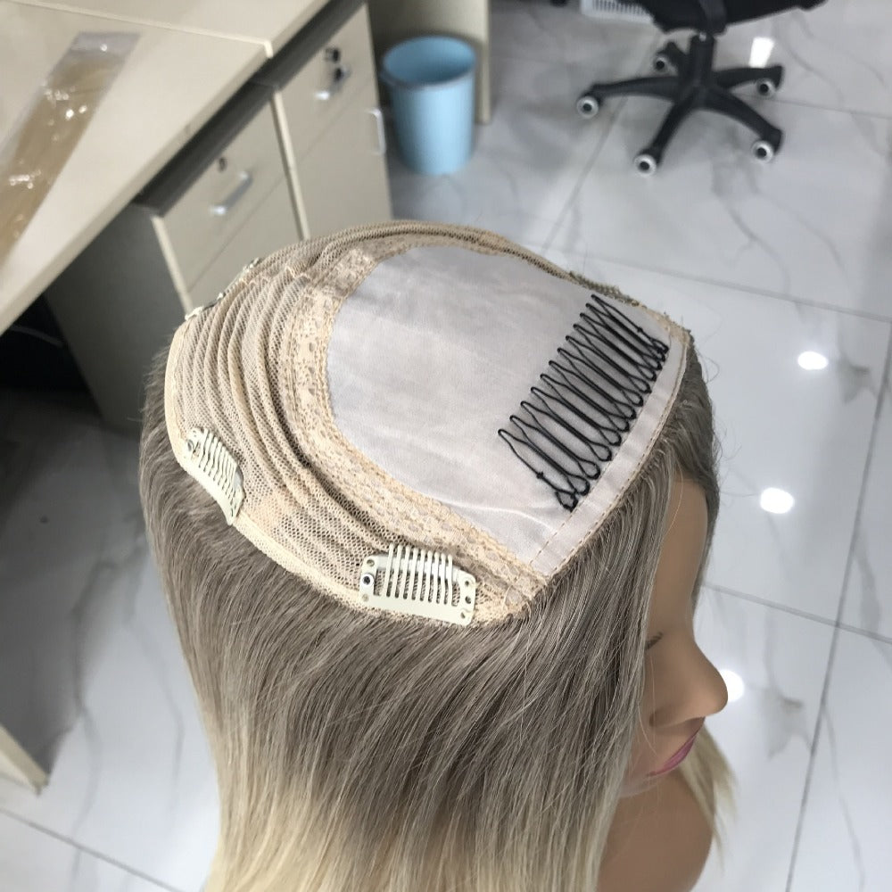 Women Hair Topper Extensions Real Human Hair Crown Toupee Clip on Blonde Highlight Hair Pieces