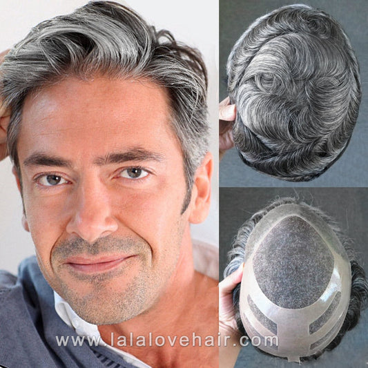8*10" BOND #1B White Hair Men Toupee Human Hair Mix Grey Hair Replacement System Hair Salon