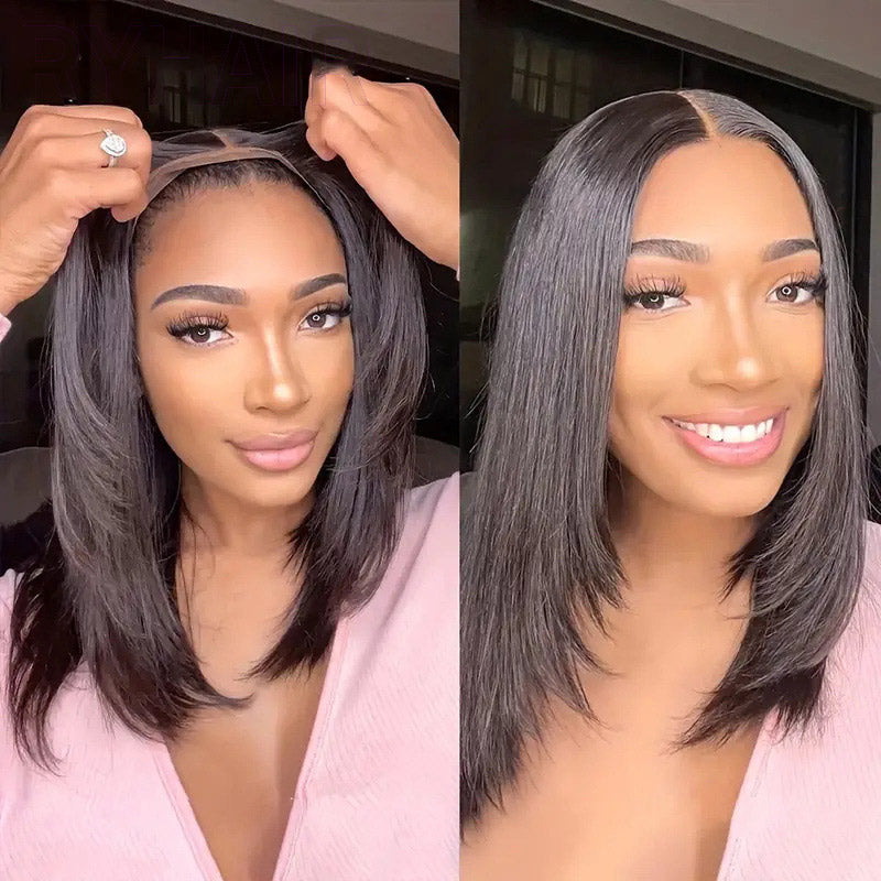 Human Hair 4*4 Closure Wig Layered Cut Straight Bob Human Hair Wig