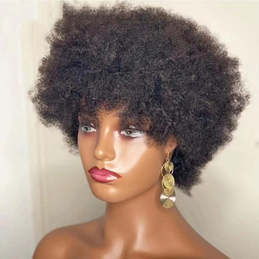 Afro Short Curly Human Hair Full Machine Wigs For Women 180% Density Short Remy Human Hair Wig