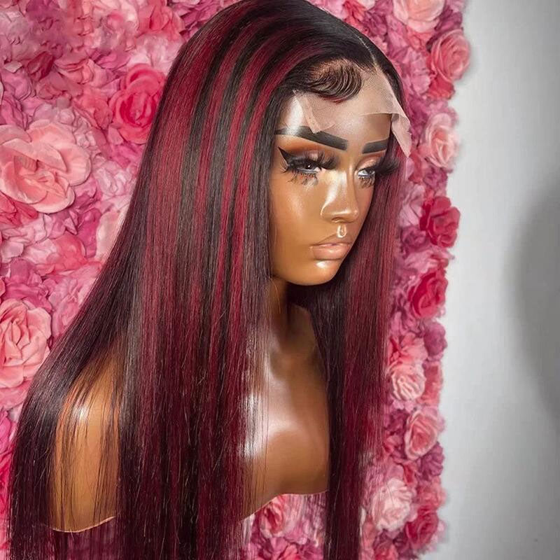 Highlight Burgundy With Dark Roots Glueless Straight 13x4 5x5 Lace Frontal Wigs