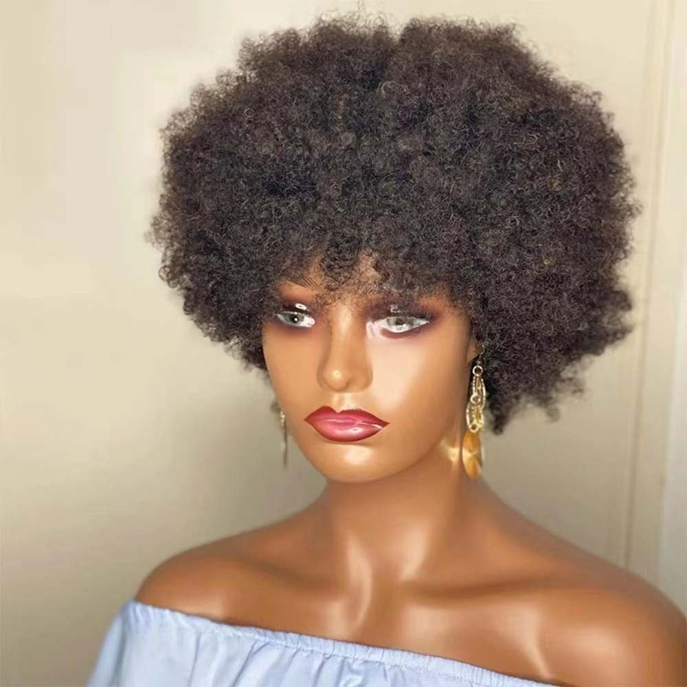 Afro Short Curly Human Hair Full Machine Wigs For Women 180% Density Short Remy Human Hair Wig