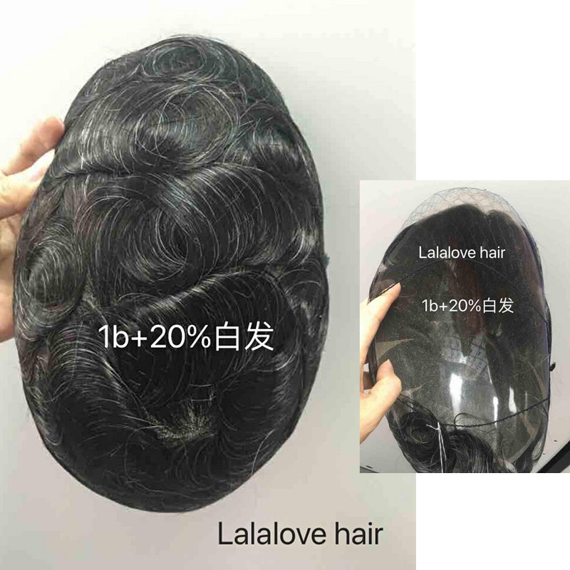 8*10" BOND #1B White Hair Men Toupee Human Hair Mix Grey Hair Replacement System Hair Salon