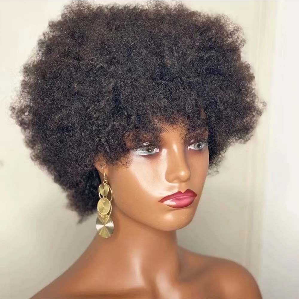 Afro Short Curly Human Hair Full Machine Wigs For Women 180% Density Short Remy Human Hair Wig