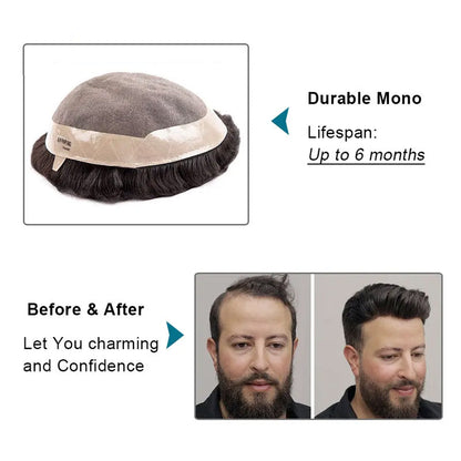 DURA Mono Toupee Hair Durable Man Wig Natural Indian Human Hair Wig for Men Breathable Mens Hair System