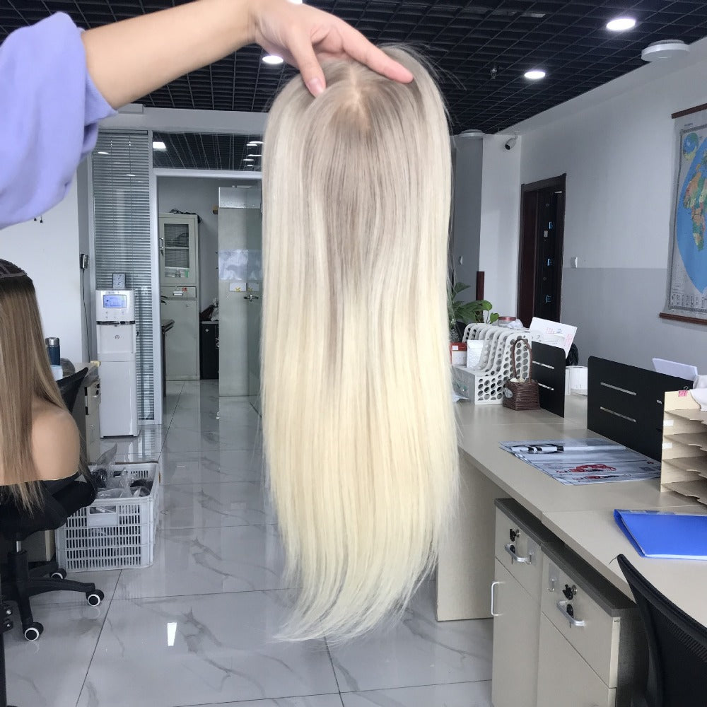 Women Hair Topper Extensions Real Human Hair Crown Toupee Clip on Blonde Highlight Hair Pieces