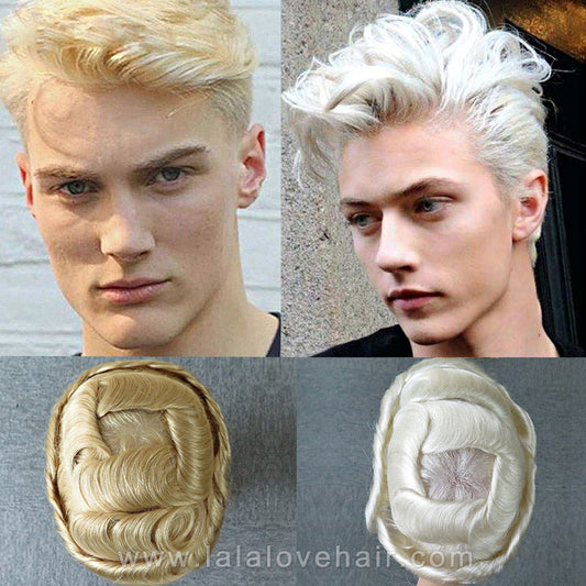 Indian Human Hair Men's Toupee Thin PU Skin Blonde NG #60 #613 Mens Hair Replacement Systems Monofilament Wigs