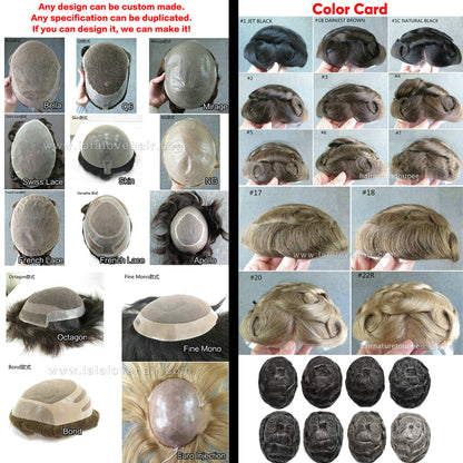 Men's Hair Piece Toupee Human hair replacement wig Colour 1B Natural Black and White Grey hair system toupees for black men