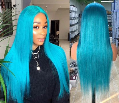 13x4 Lace Wigs Natural Sky Blue Color 10-30" Long Silky Straight Hair 180% Density Preplucked
