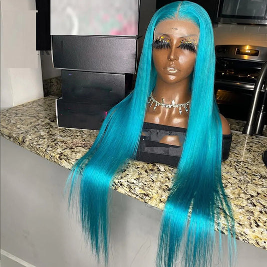 13x4 Lace Wigs Natural Sky Blue Color 10-30" Long Silky Straight Hair 180% Density Preplucked