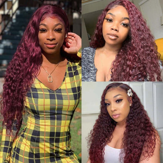13x4 Frontal / 4x4 Lace Closure Wig Burgundy 99J Color Water Wave Lace Wig