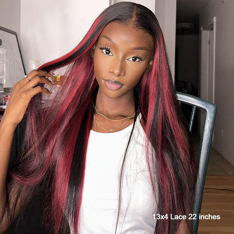 Highlight Burgundy With Dark Roots Glueless Straight 13x4 5x5 Lace Frontal Wigs