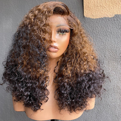 22inch 250% Density Human Hair 13x4 lace wig curly hair Ombre color