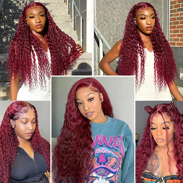 13x4 Frontal / 4x4 Lace Closure Wig Burgundy Light #99J Color Deep Wave Lace Wig