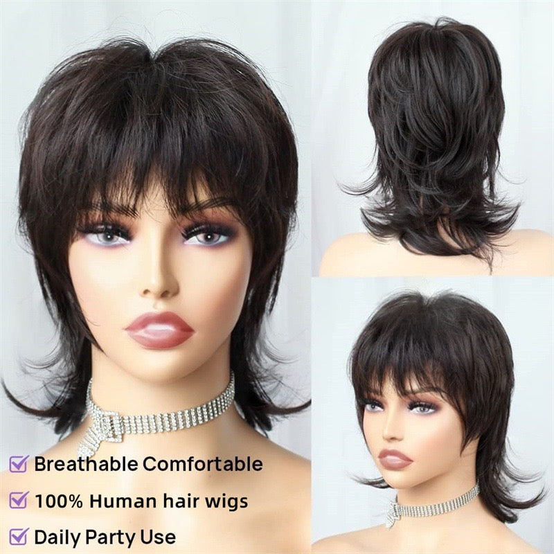 Full Machine Pixie Cut Wigs Human Hair Short Shaggy Layered Wig With Bangs