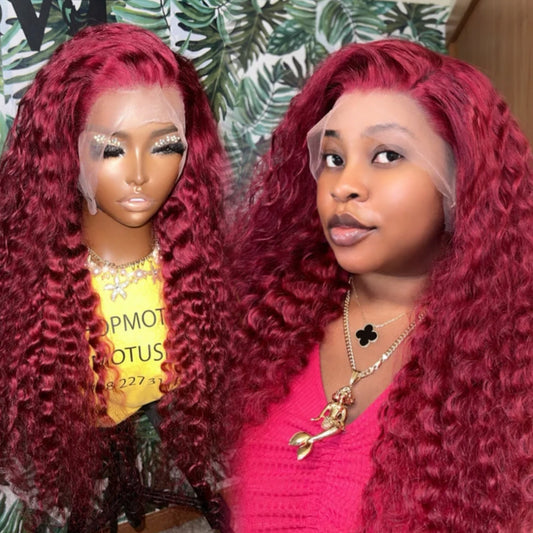13x4 Frontal / 4x4 Lace Closure Wig Burgundy Light #99J Color Deep Wave Lace Wig