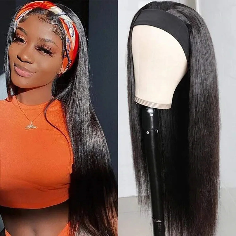 Headband Wigs 180% Density Straight Human Hair Ready To Wear None Lace Front Wig