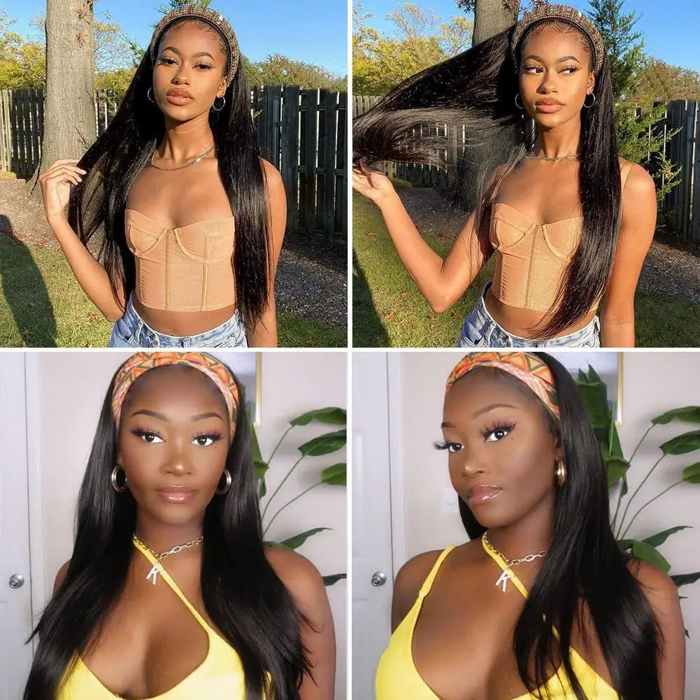 Headband Wigs 180% Density Straight Human Hair Ready To Wear None Lace Front Wig