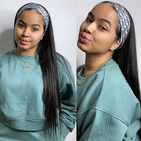 Headband Wigs 180% Density Straight Human Hair Ready To Wear None Lace Front Wig