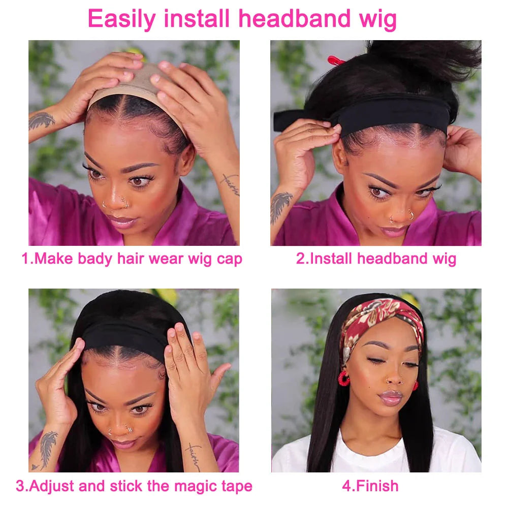 Headband Wigs 180% Density Straight Human Hair Ready To Wear None Lace Front Wig