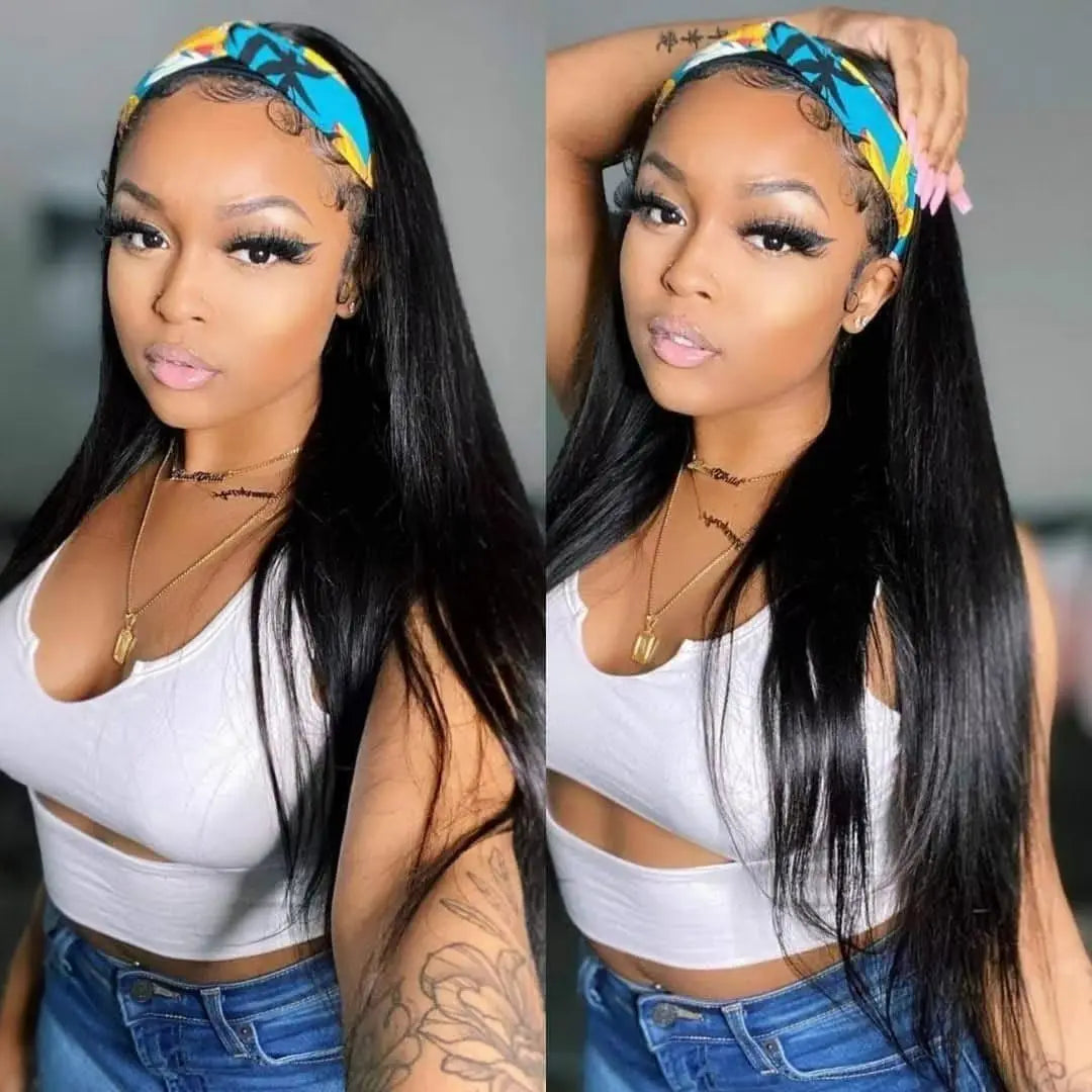 Headband Wigs 180% Density Straight Human Hair Ready To Wear None Lace Front Wig