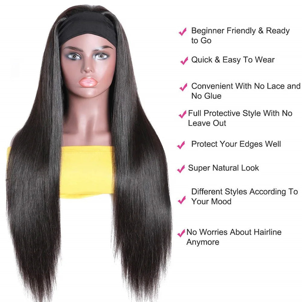 Headband Wigs 180% Density Straight Human Hair Ready To Wear None Lace Front Wig