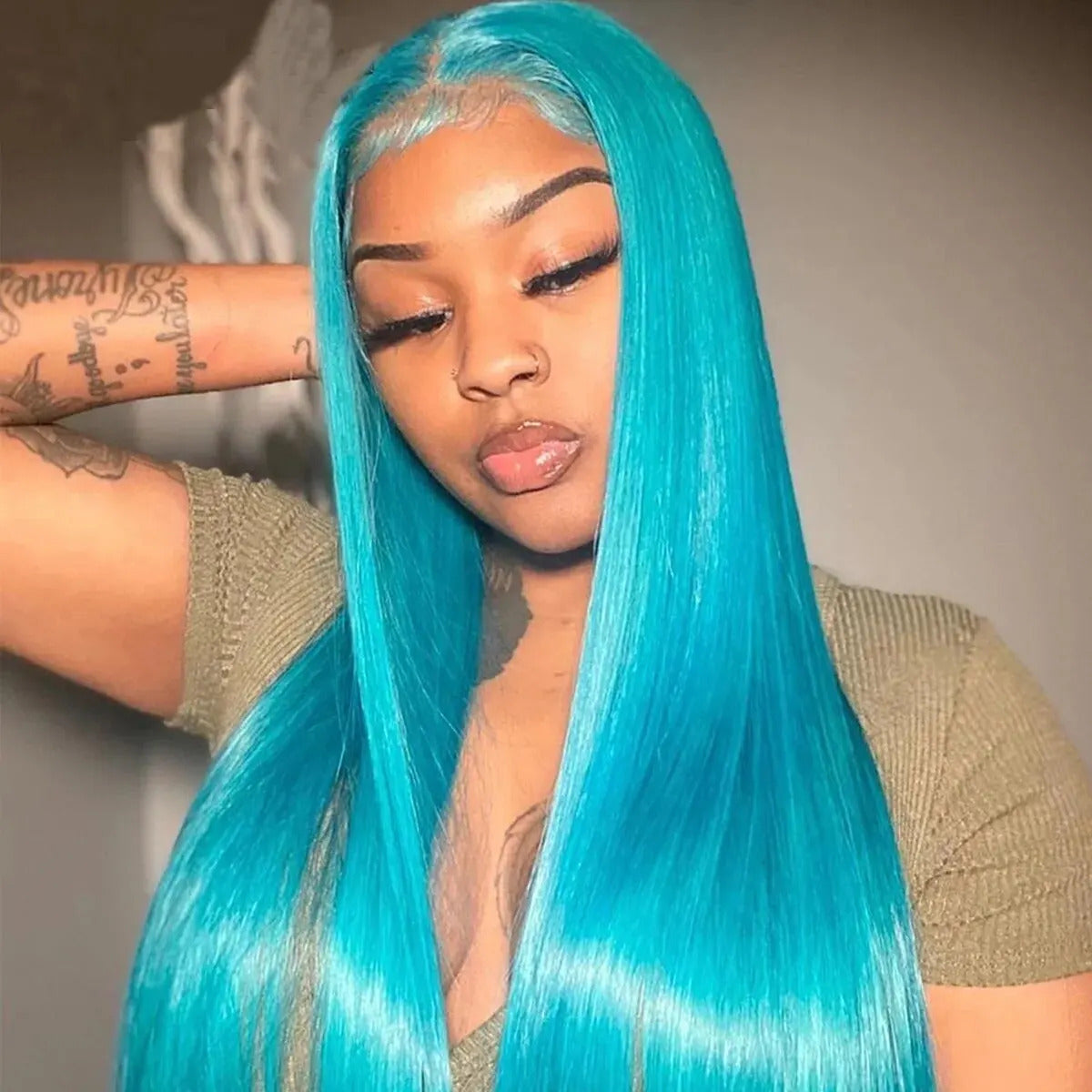 13x4 Lace Wigs Natural Sky Blue Color 10-30" Long Silky Straight Hair 180% Density Preplucked
