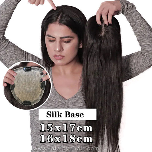 15x17cm & 16x18cm Human Hair Topper Hand Tied Silk Top Toupee Silk Base Breathable Hair Piece with Clips for Women