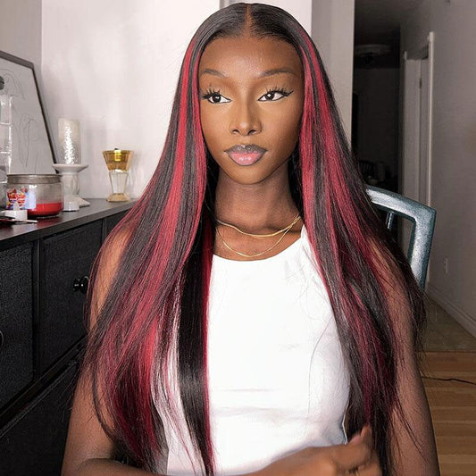 Highlight Burgundy With Dark Roots Glueless Straight 13x4 5x5 Lace Frontal Wigs