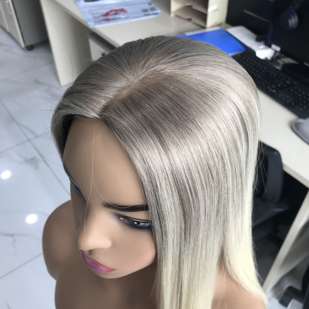 Women Hair Topper Extensions Real Human Hair Crown Toupee Clip on Blonde Highlight Hair Pieces