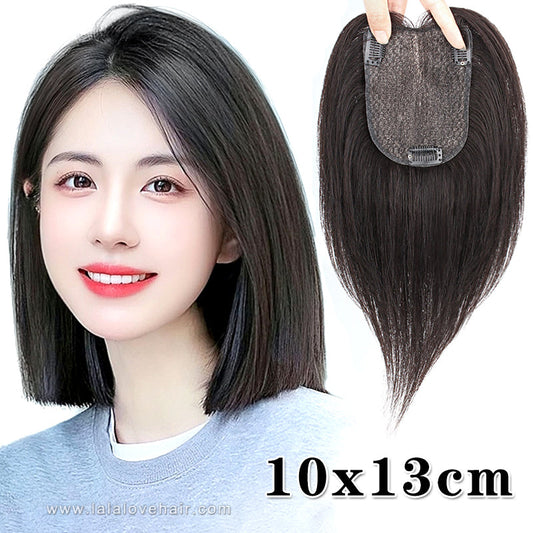 10x13cm Human hair top hairpiece invisible covering white hair replacement for women
