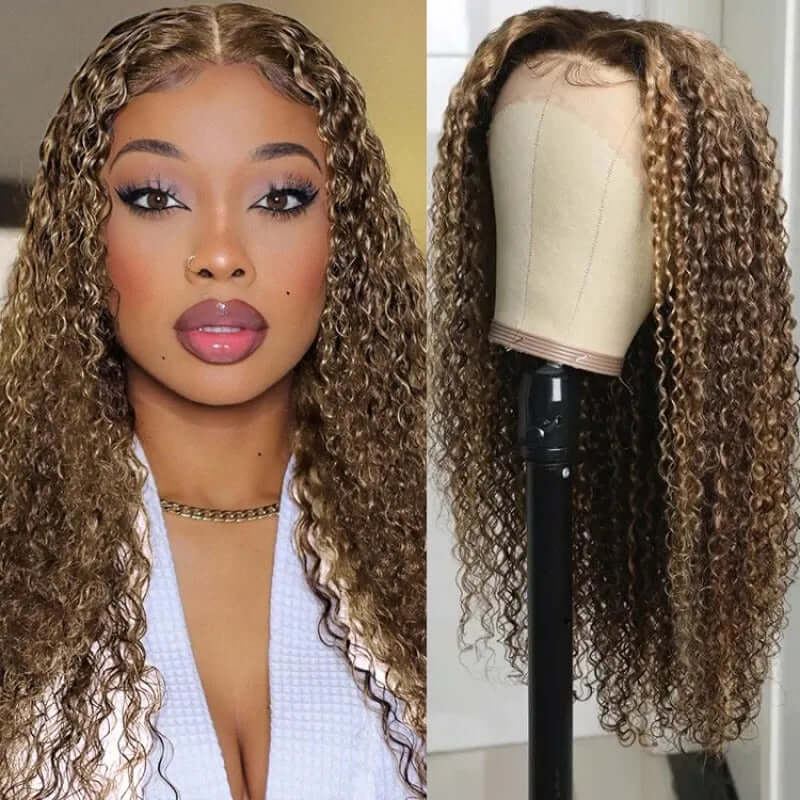 13x4 Frontal / 4x4 Lace Closure Wig Honey Blond Highlight Piano Color P4/27 kinky Curly Lace Wig