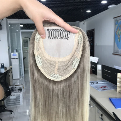 Women Hair Topper Extensions Real Human Hair Crown Toupee Clip on Blonde Highlight Hair Pieces