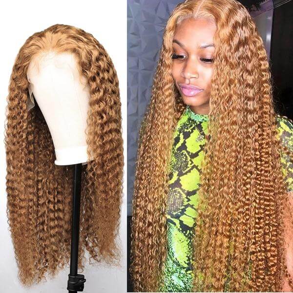 13x4 Frontal / 4x4 Lace Closure Wig Honey Blond #27 Color Jerry Curly Lace Wig