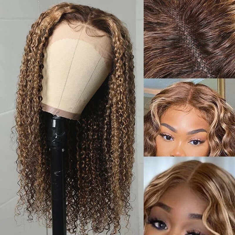 13x4 Frontal / 4x4 Lace Closure Wig Honey Blond Highlight Piano Color P4/27 kinky Curly Lace Wig