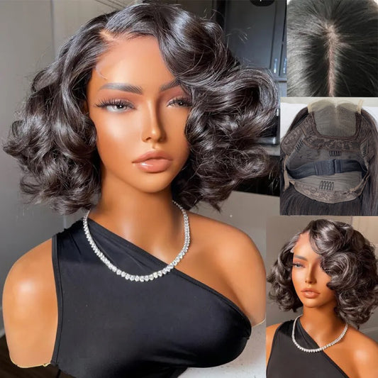 Wig Short Bob 4x4 Human Hair Wig Bouncy Wave Natural Closure Wig for Women 12inch 200% Density