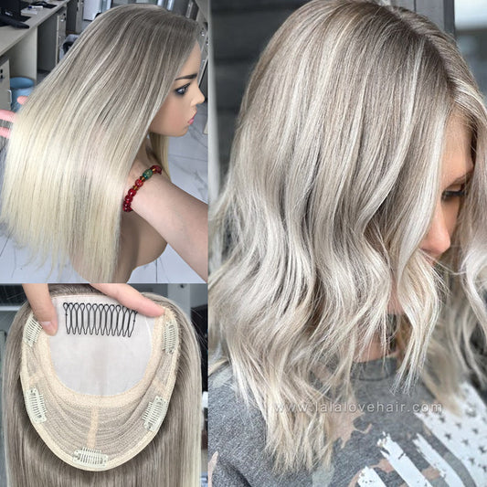 Women Hair Topper Extensions Real Human Hair Crown Toupee Clip on Blonde Highlight Hair Pieces