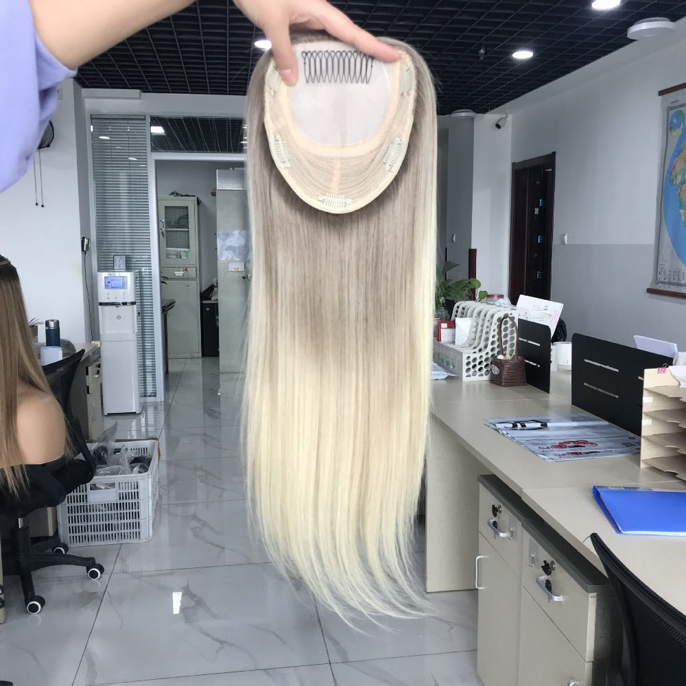 Women Hair Topper Extensions Real Human Hair Crown Toupee Clip on Blonde Highlight Hair Pieces