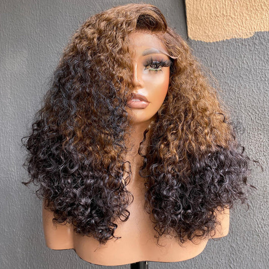 22inch 250% Density Human Hair 13x4 lace wig curly hair Ombre color