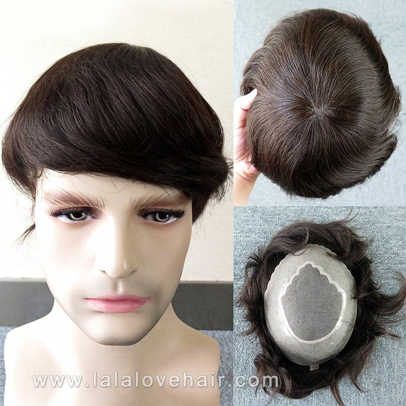 Indian Human Hair Toupee skin Fine mono with PU and bleached lace front toupee for men hair replacement wigs men hair piece