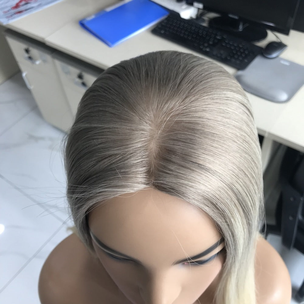 Women Hair Topper Extensions Real Human Hair Crown Toupee Clip on Blonde Highlight Hair Pieces