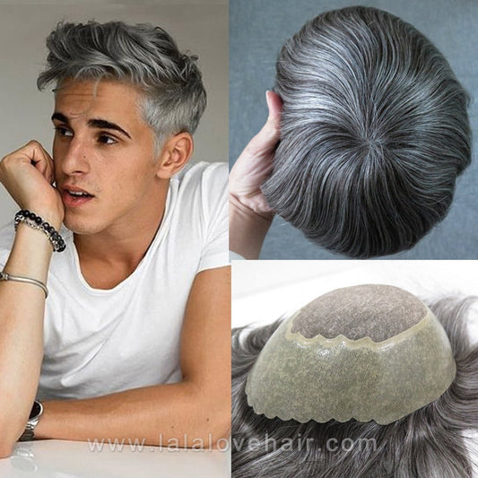 Men's Hair Piece Toupee Human hair replacement wig Colour 1B Natural Black and White Grey hair system toupees for black men